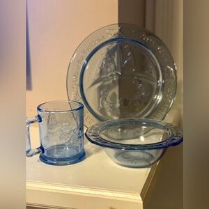 Vintage Baby Childs Set Tiara Blue Glass Nursery Rhyme Plate Mug Bowl (M)